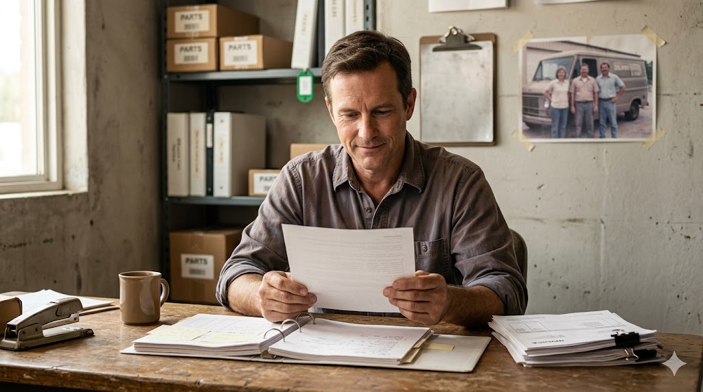 A Wake County small-business owner at a workshop desk reviewing paperwork.
